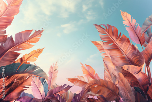 Bright color tropical leaves against a blue sky. Pastel tone background