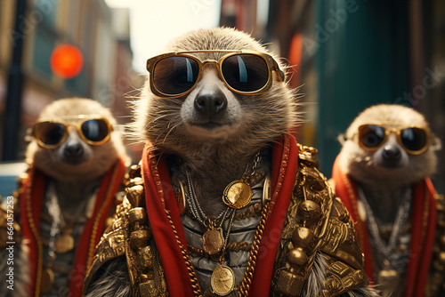 A group of meerkats wearing sunglasses and clothing photo