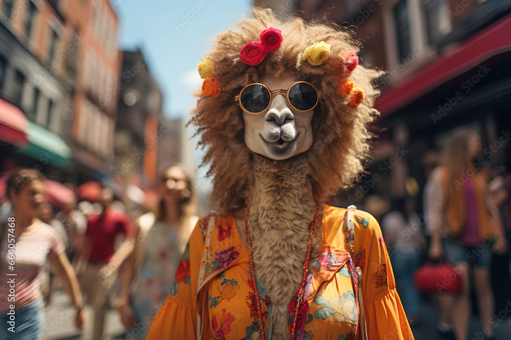 A llama wearing sunglasses and a headdress on a city street.