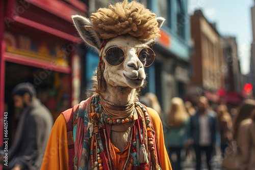 A llama wearing sunglasses and a headdress on a city street.