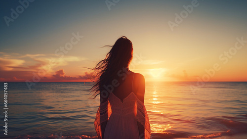 Happy woman, dreamer, sunset sky and sea © Artyom