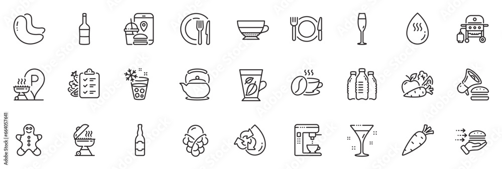 Icons pack as Cocktail, Ice cream and Restaurant food line icons for app include Champagne glass, Recycle water, Food app outline thin icon web set. Burger, Coffee cup, Carrot pictogram. Vector - obrazy, fototapety, plakaty 