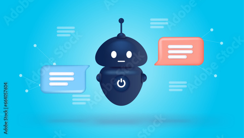 Chatbot character talking and chatting with speech bubbles. Semi flat vector illustration on blue background