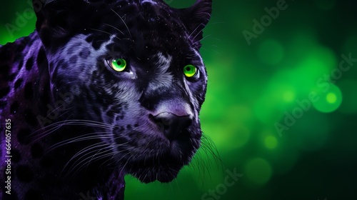 A stunning black panther with captivating green eyes in a deep forest setting.