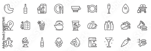 Icons pack as Cocktail, Ice cream and Restaurant food line icons for app include Champagne glass, Recycle water, Food app outline thin icon web set. Burger, Coffee cup, Carrot pictogram. Vector