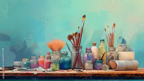 A Pastel Turquoise Background with an Array of Art Supplies © Leah