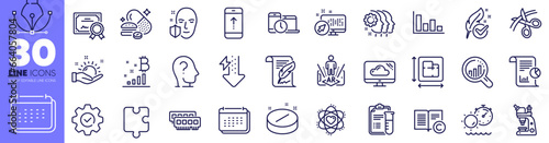 Bitcoin graph, Copyright and Microscope line icons pack. Web system, Calendar, Psychology web icon. Employees teamwork, Seo analysis, Feather pictogram. Energy drops, Tanning time. Vector