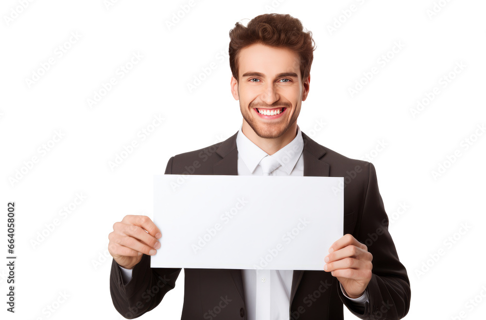Smiling business man holding blank paper sheet banner. Free copy space Smiling business man holding blank paper sheet banner. Free copy space