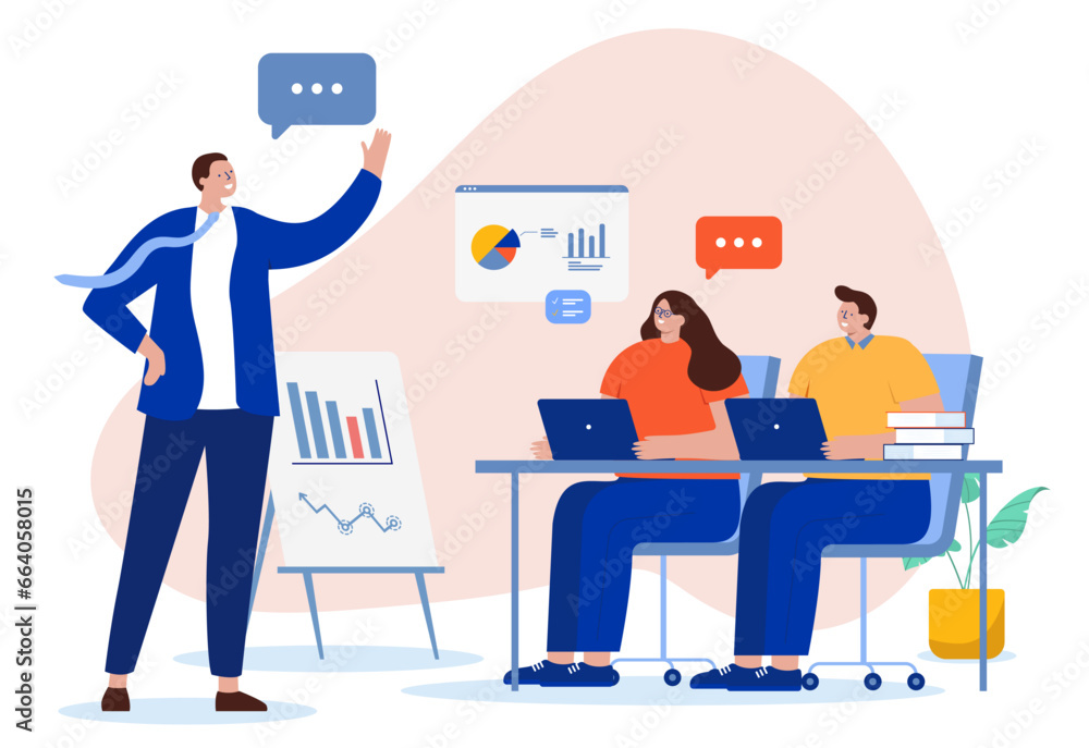 Business course and training - People sitting at desk in meeting listening to businessman lecturer talking and teaching. Flat design cartoon vector illustration with white background