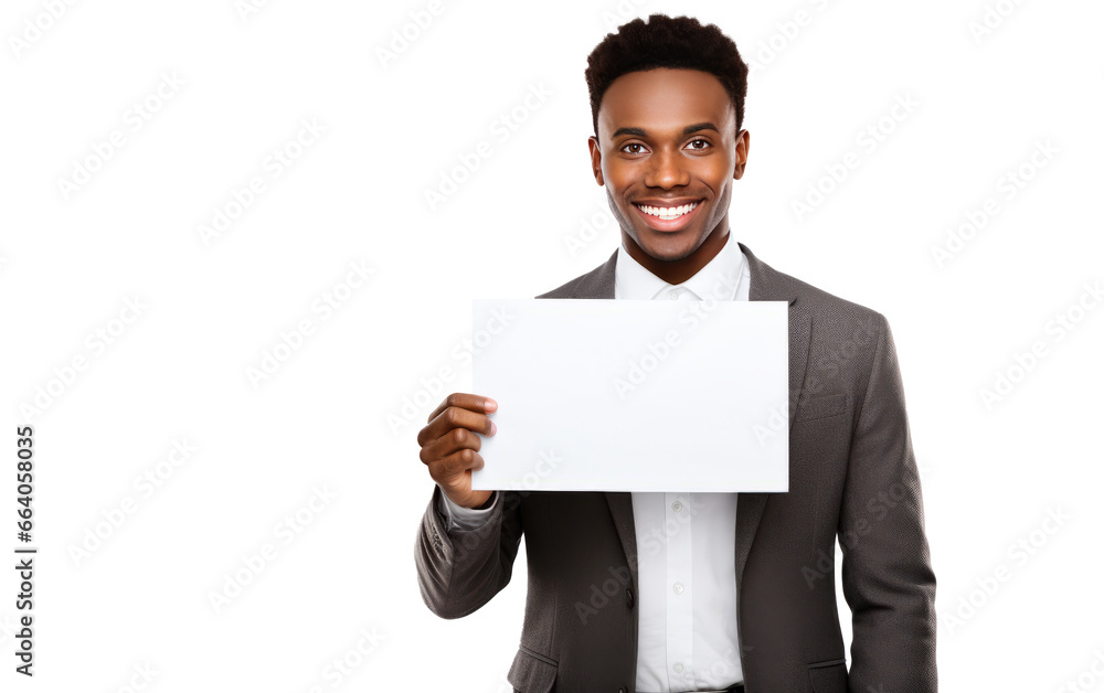 Smiling business man holding blank paper sheet banner. Free copy space Smiling business man holding blank paper sheet banner. Free copy space
