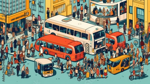 image representing buses, showcasing a city bus, bus stops, and people boarding or disembarking