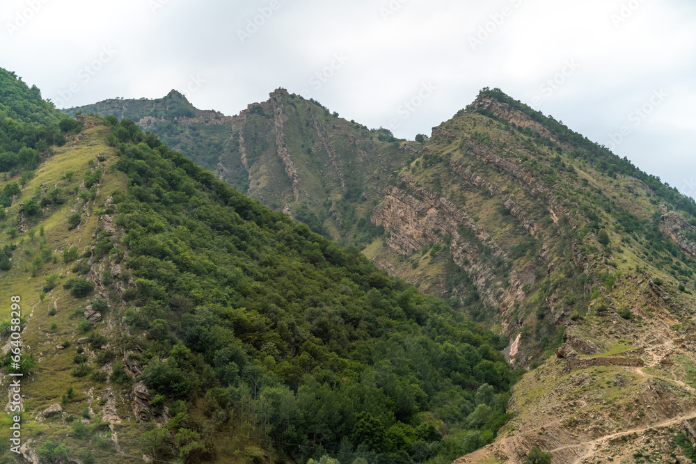 Caucasian mountain. Dagestan. Trees, rocks, mountains, view of the green mountains. Beautiful summer landscape. Caucasian mountain. Dagestan. Trees, rocks, mountains, view of the green mountains. Beautiful summer landscape.