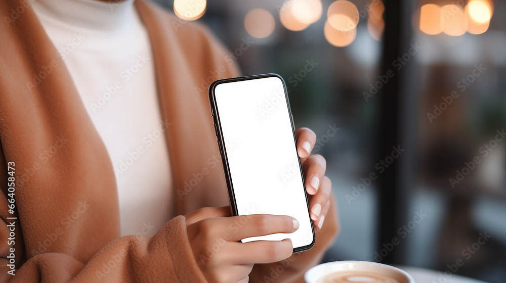  Mockup image of a woman holding and using mobile phone with blank desktop screen - obrazy, fototapety, plakaty 