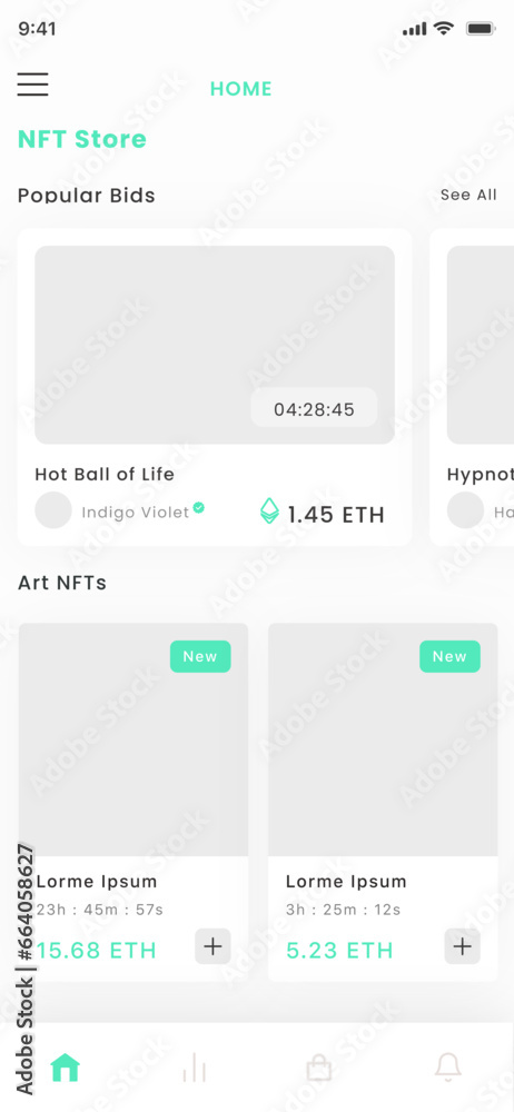 NFT Bidding Marketplace, Nfts Auction and Crypto Art and Stocks Store App UI Kit Template