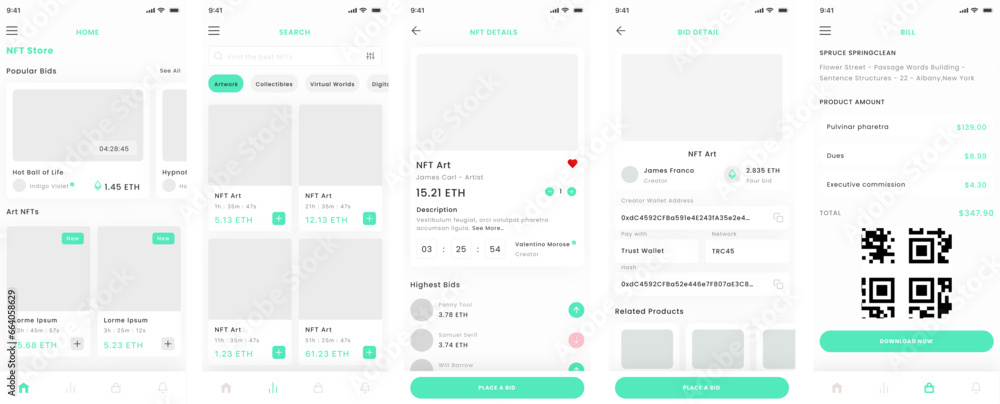 NFT Bidding Marketplace, Nfts Auction and Crypto Art and Stocks Store App UI Kit Template