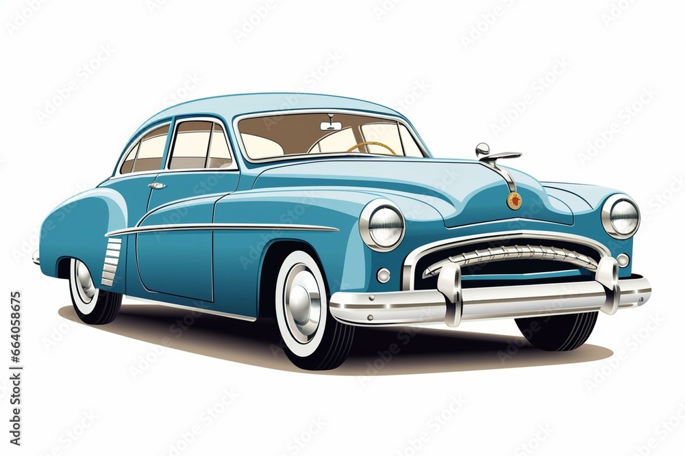 Vintage blue car illustration on transparent background. Generative AI