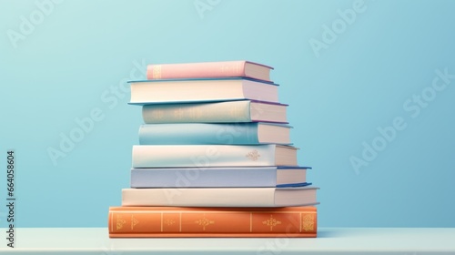 A stack of books on a pastel blue background with a neat arrangement. © Leah