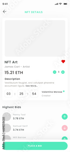 NFT Bidding Marketplace, Nfts Auction and Crypto Art and Stocks Store App UI Kit Template