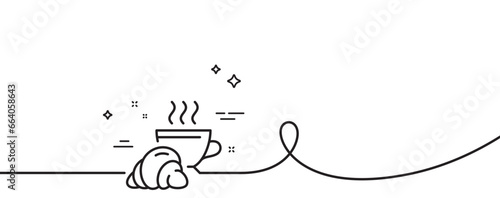 Croissant line icon. Continuous one line with curl. Coffee cup with bun sign. Bakery or boulangerie symbol. Croissant single outline ribbon. Loop curve pattern. Vector