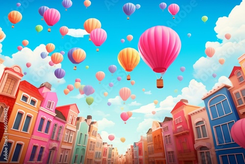 Retro celebration with vibrant balloons hovering above. Generative AI