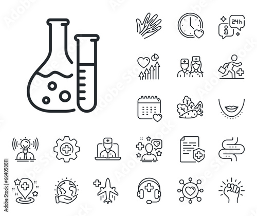 Laboratory flask sign. Online doctor, patient and medicine outline icons. Chemistry lab line icon. Analysis symbol. Chemistry lab line sign. Veins, nerves and cosmetic procedure icon. Vector