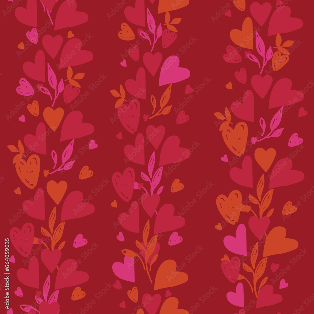 Romantic floral hearts pattern with leaves in clusters, bunches. Vector illustration. Valentine's Day design