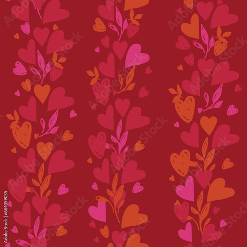 Romantic floral hearts pattern with leaves in clusters, bunches. Vector illustration. Valentine's Day design