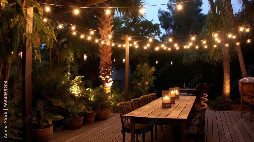 Outdoor string lights creating a magical and enchanting atmosphere in gardens, patios, and outdoor event spaces