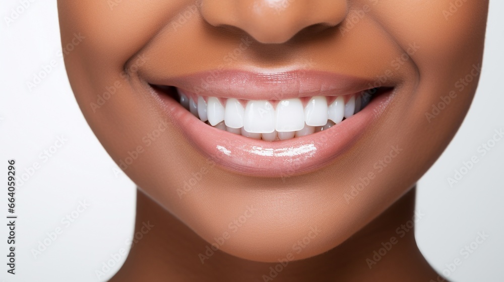 Fototapeta premium Beautiful black woman smiling with her healthy white teeth, close up of lower part of a dark skin beauty's face, concept of healthy teeth, oral product advertisement.