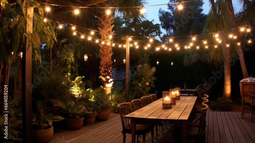 Outdoor string lights creating a magical and enchanting atmosphere in gardens, patios, and outdoor event spaces © Now