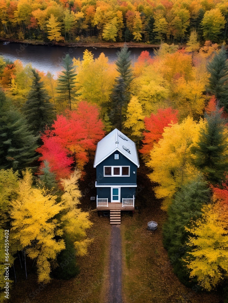 Single house surrounded by colorful autumn forest, aerial view captures the fall colors landscape.