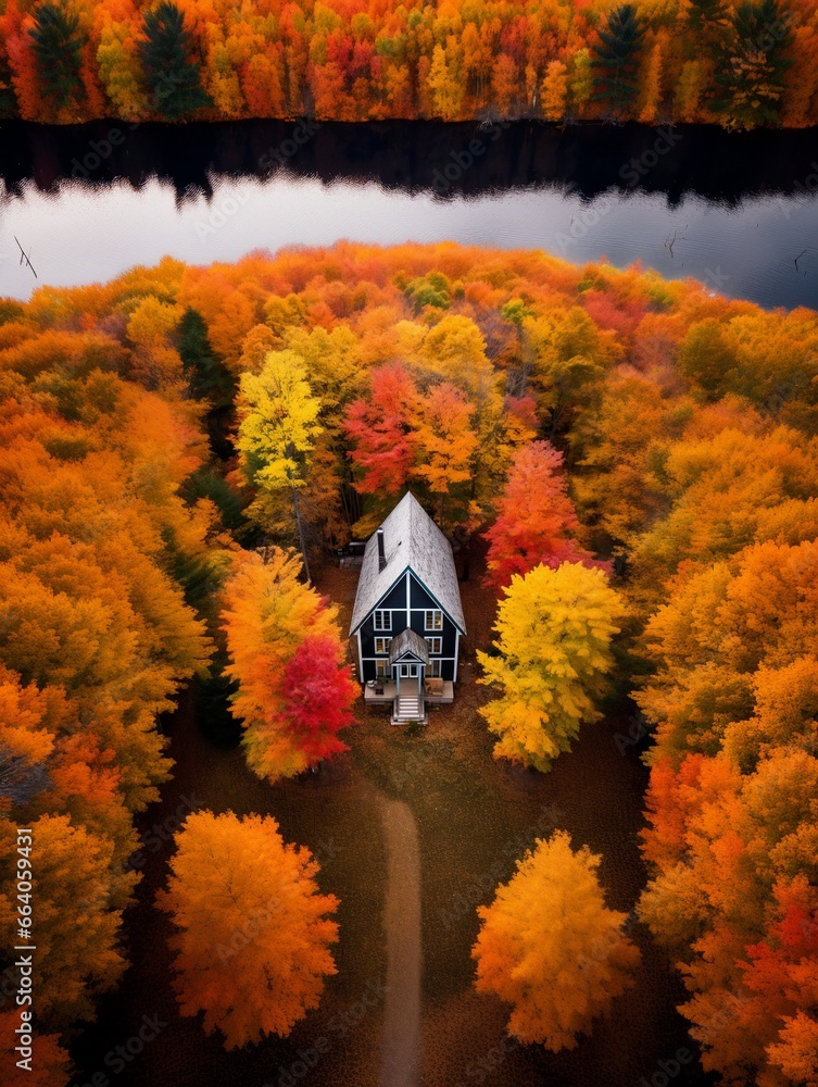 Obraz premium Single house surrounded by colorful autumn forest, aerial view captures the fall colors landscape.