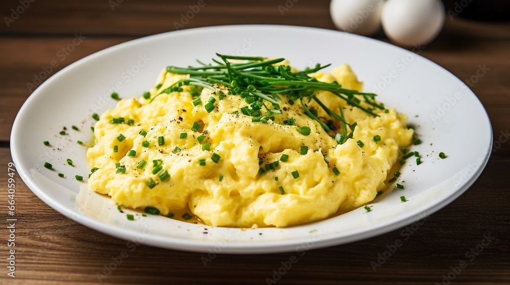 Scrambled eggs on white plate on wooden table on blurred kitchen background with copy space.