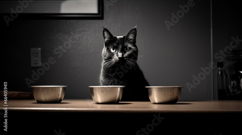 Cute tabby cat making choice from 3 food bowls in front of it on vintage kitchen background, concept of cat food choice, cat food type, dry food, wet food and raw. photo