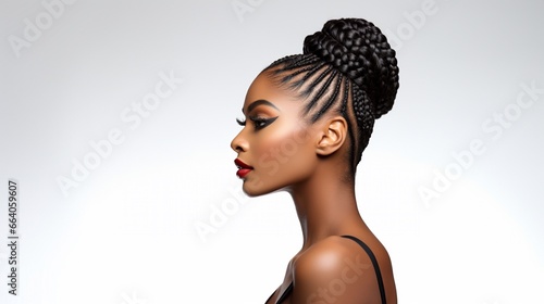portrait of beautiful african american woman with curly long braids and bun, side portrait of attractive african woman with braids, isoalted on white background. photo