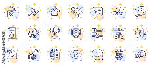 Outline set of Notification bubble, Sleep and Fingerprint line icons for web app. Include Microphone, Voice assistant, Refresh bitcoin pictogram icons. Supply chain, Info, Online voting signs. Vector