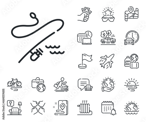 Spinning fish-rod sign. Plane jet, travel map and baggage claim outline icons. Fishing rod line icon. Fish catch tackle symbol. Fishing rod line sign. Car rental, taxi transport icon. Vector
