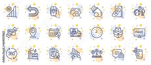 Outline set of Refresh website, Location app and Outsource work line icons for web app. Include Fake news, Spanner, Clock pictogram icons. Timer, Electricity factory, Packing boxes signs. Vector