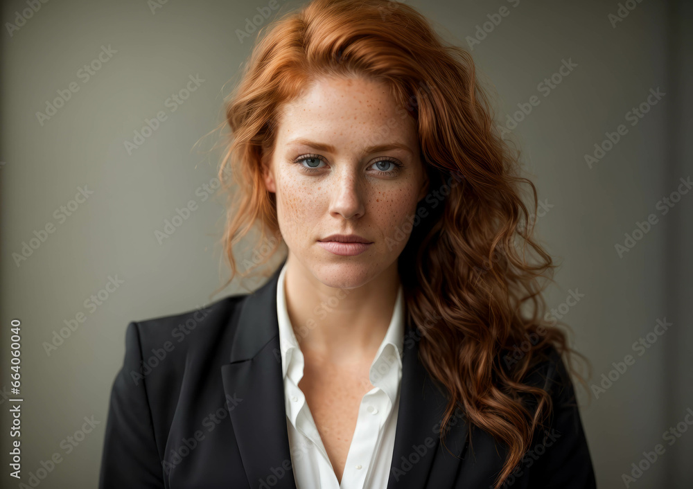 portrait of a red-haired woman in a business suit in the office portrait of a red-haired woman in a business suit in the office