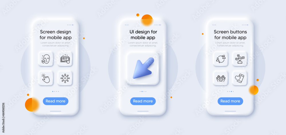 Heart, Cursor and Conversation messages line icons pack. 3d phone mockups with cursor. Glass smartphone screen. User communication, Technical documentation, Uv protection web icon. Vector Heart, Cursor and Conversation messages line icons pack. 3d phone mockups with cursor. Glass smartphone screen. User communication, Technical documentation, Uv protection web icon. Vector