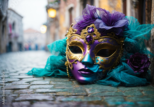 venetian mask abandoned on the ground on background Venice carnival © Natallia
