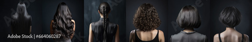 Various haircuts for woman with dark ash color hair - long straight, wavy, braided ponytail, small perm, bobcut and short hairs. View from behind on black background. Generative AI	 photo