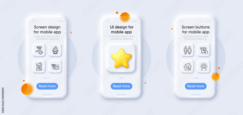Quick tips, Restroom and Tutorials line icons pack. 3d phone mockups with star. Glass smartphone screen. Inspect, Oil barrel, Yoga web icon. Cake, Atm service pictogram. For web app, printing. Vector Quick tips, Restroom and Tutorials line icons pack. 3d phone mockups with star. Glass smartphone screen. Inspect, Oil barrel, Yoga web icon. Cake, Atm service pictogram. For web app, printing. Vector