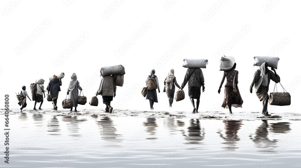 A group of climate refugees flee a disaster area, carrying their belongings as they seek safety. - obrazy, fototapety, plakaty 