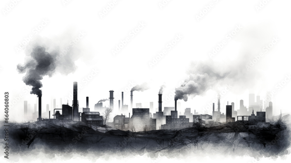 A picture shows smokestacks belching pollution and smog from a factory.