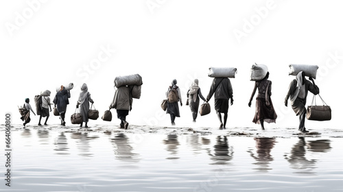 A group of climate refugees flee a disaster area, carrying their belongings as they seek safety.