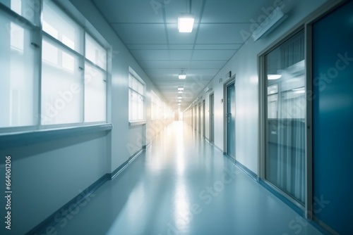 Abstract blur of blue hospital corridor concept. Generative AI