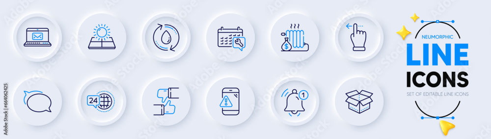 Spanner, Touchscreen gesture and Open box line icons for web app. Pack of Sun energy, Talk bubble, 24h service pictogram icons. Reminder, Refill water, E-mail signs. Warning message. Vector