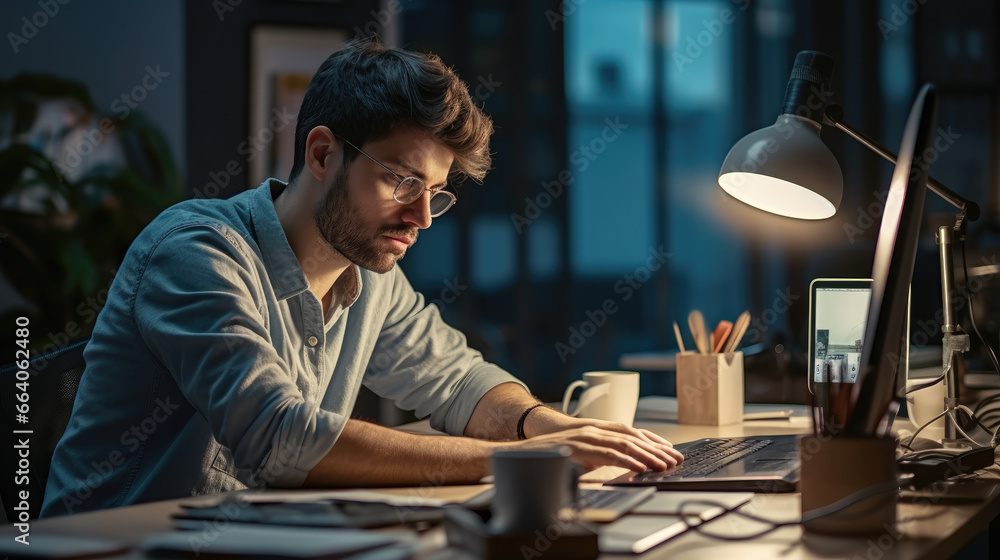 Tired office worker sitting at desk using computer and doing overtime project in workplace. Tired office worker sitting at desk using computer and doing overtime project in workplace.