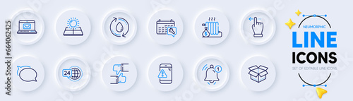 Spanner, Touchscreen gesture and Open box line icons for web app. Pack of Sun energy, Talk bubble, 24h service pictogram icons. Reminder, Refill water, E-mail signs. Warning message. Vector